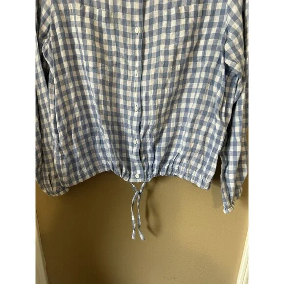 Talbots Top Women L Drawstring Blue Linen Gingham Plaid Long Sleeve Capsule VTG - Picture 7 of 12